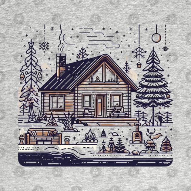 a warm and inviting cabin surrounded by a snowy landscape includes elements like a crackling fireplace, decorated Christmas tree, and perhaps a family or group of friends enjoying the holiday season inside. by maricetak